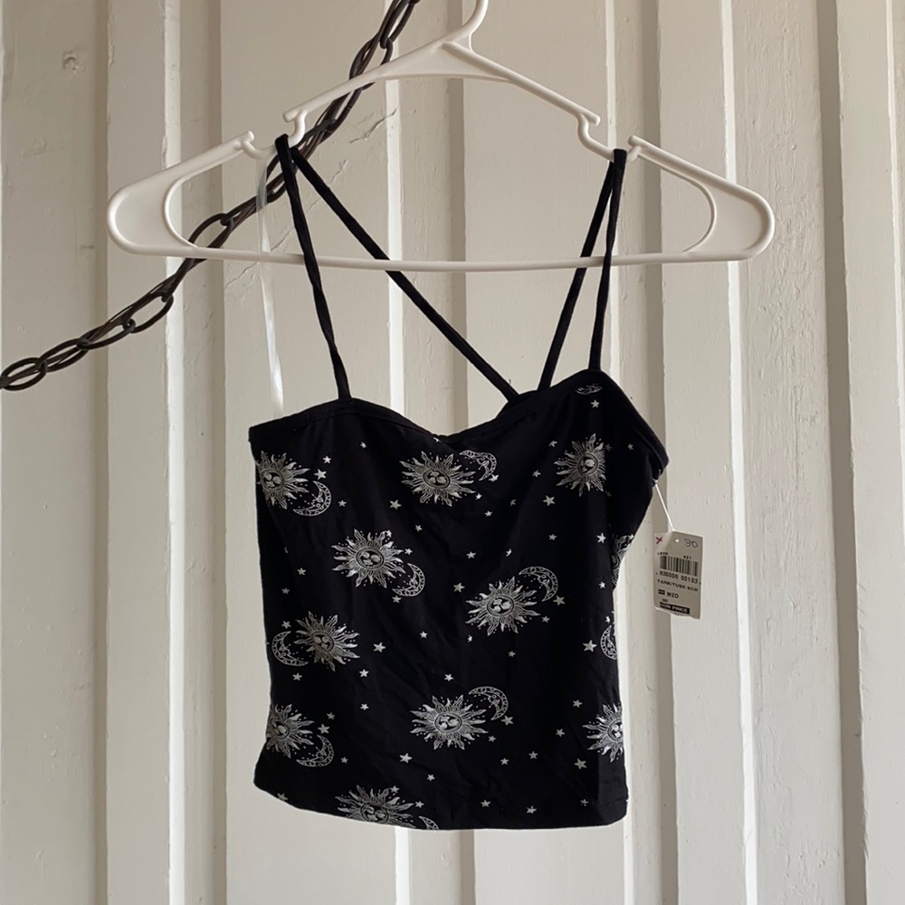 Celestial Sun Moon And Star Asymmetrical Crop Tank Top - Picture 1 of 5